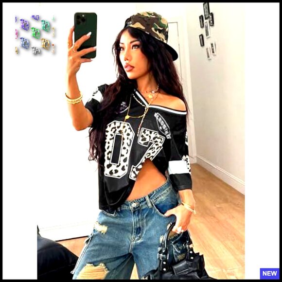 Y2K Leopard Graphic Oversized Football Jersey Top Streetwear T-Shirt - Picture 5 of 5